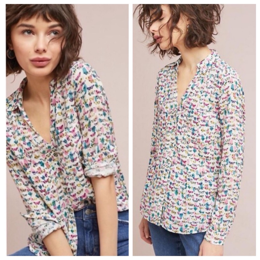 Anthropologie Maeve Rochelle Butterfly Button-down Blouse
